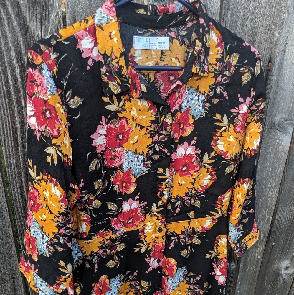 Time Tru Floral Button Front Dress Long 3/4 Sleeve - Picture 2 of 5